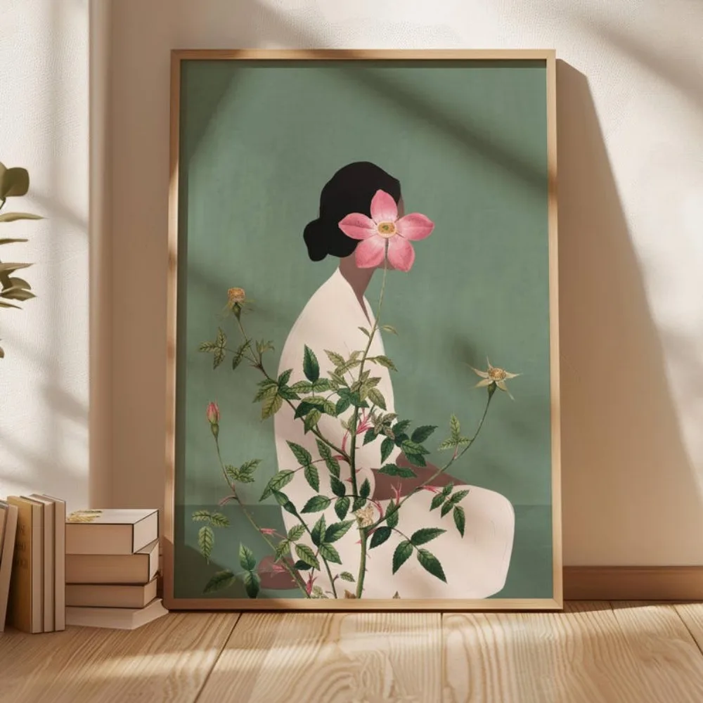 Live Plant Fertilizer - Eine rahmenlose grüne Blumenkopf-Frau-Wandkunst, abstrakte Charaktere,