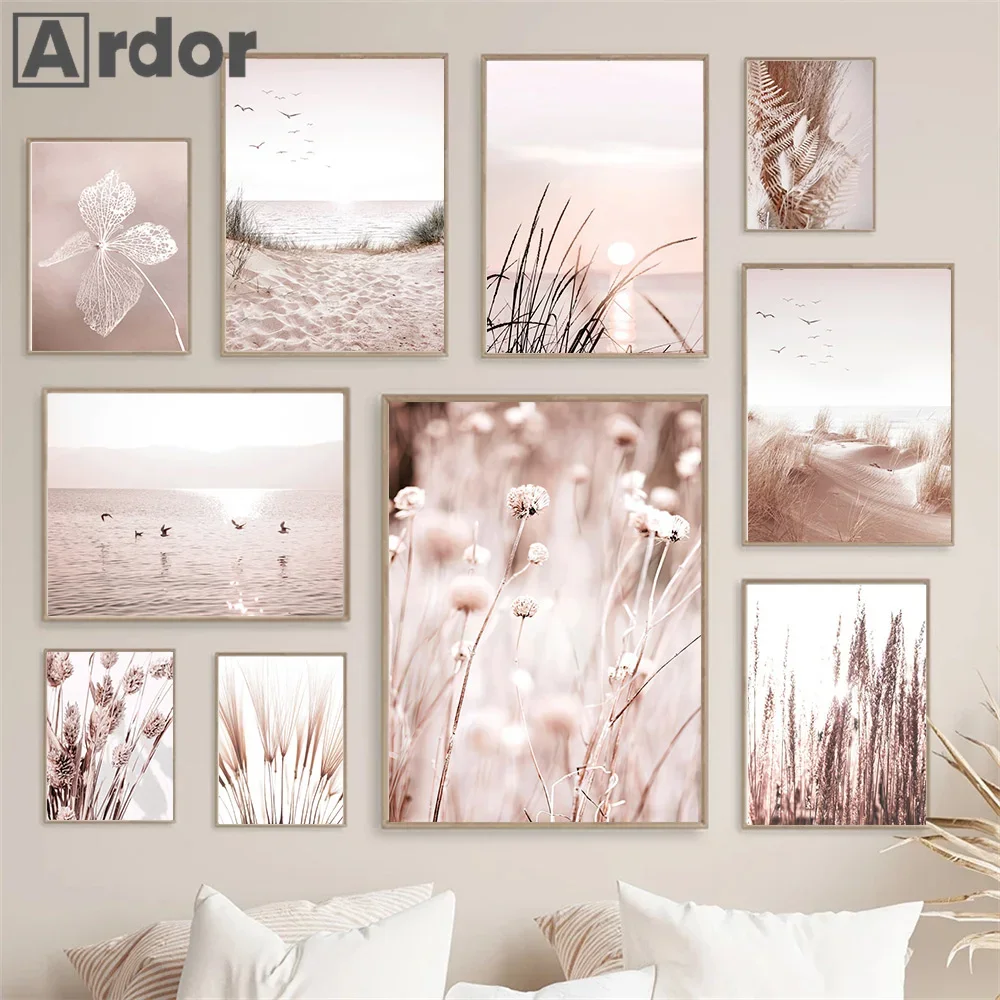 Live Plant Fertilizer - Beige-Rosa Landschaftsposter Pflanzen Gras Schilf Wandkunst