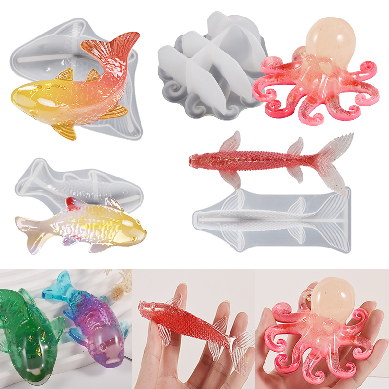 Fish Aquarium Home - 3D Koi-Fisch-förmige Epoxidharz-Gießform, Meerestier-Karpfen-Oktopus-Epoxidguss-Silikonform, Aquarium-Dekoration, Schmuckherstellung