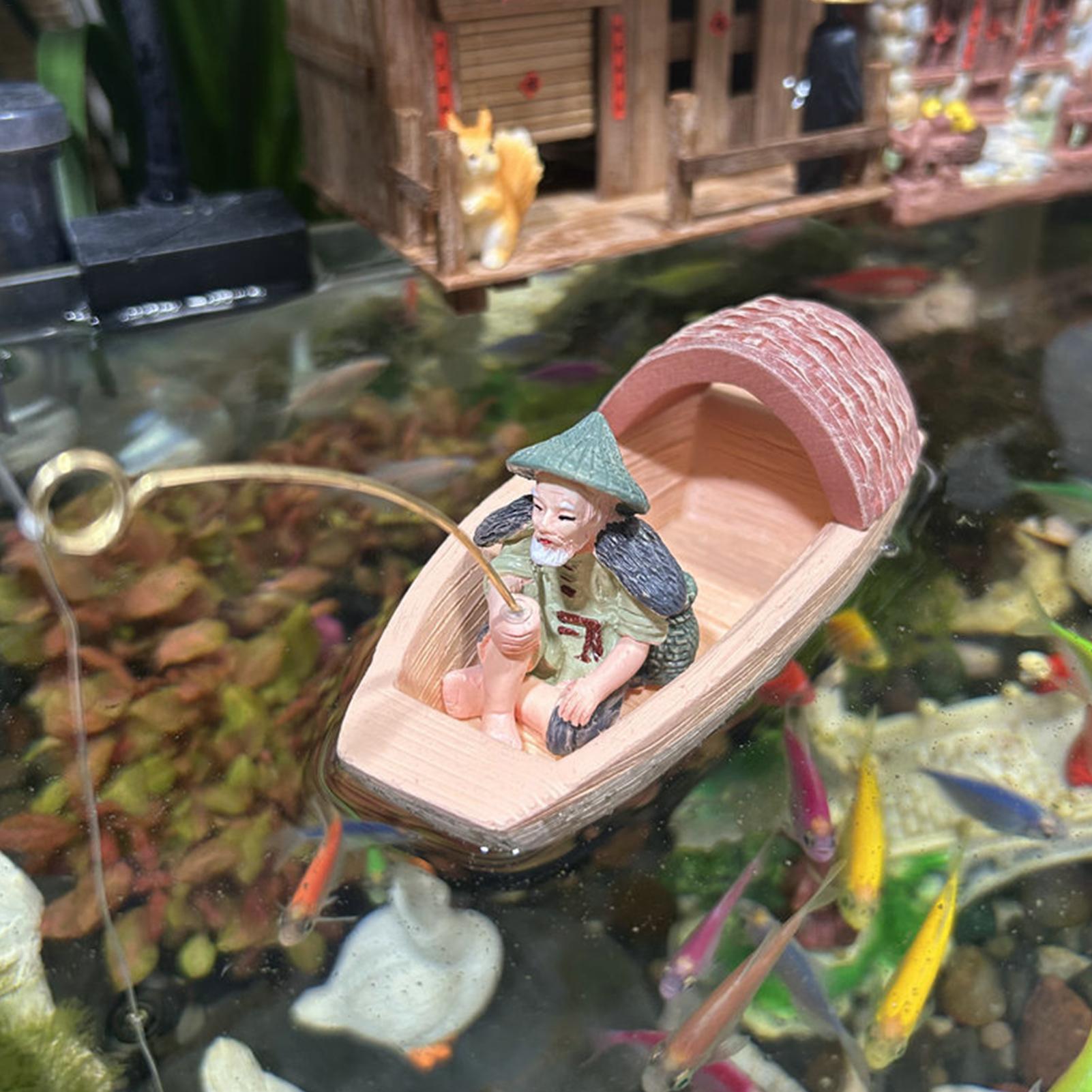 Aquarium Fish Cartoon - Schwimmende Fischerboot-Dekoration aus Kunstharz, Mini-Szenen-Deko, Aquarium-Felsenlandschaft-Zubehör