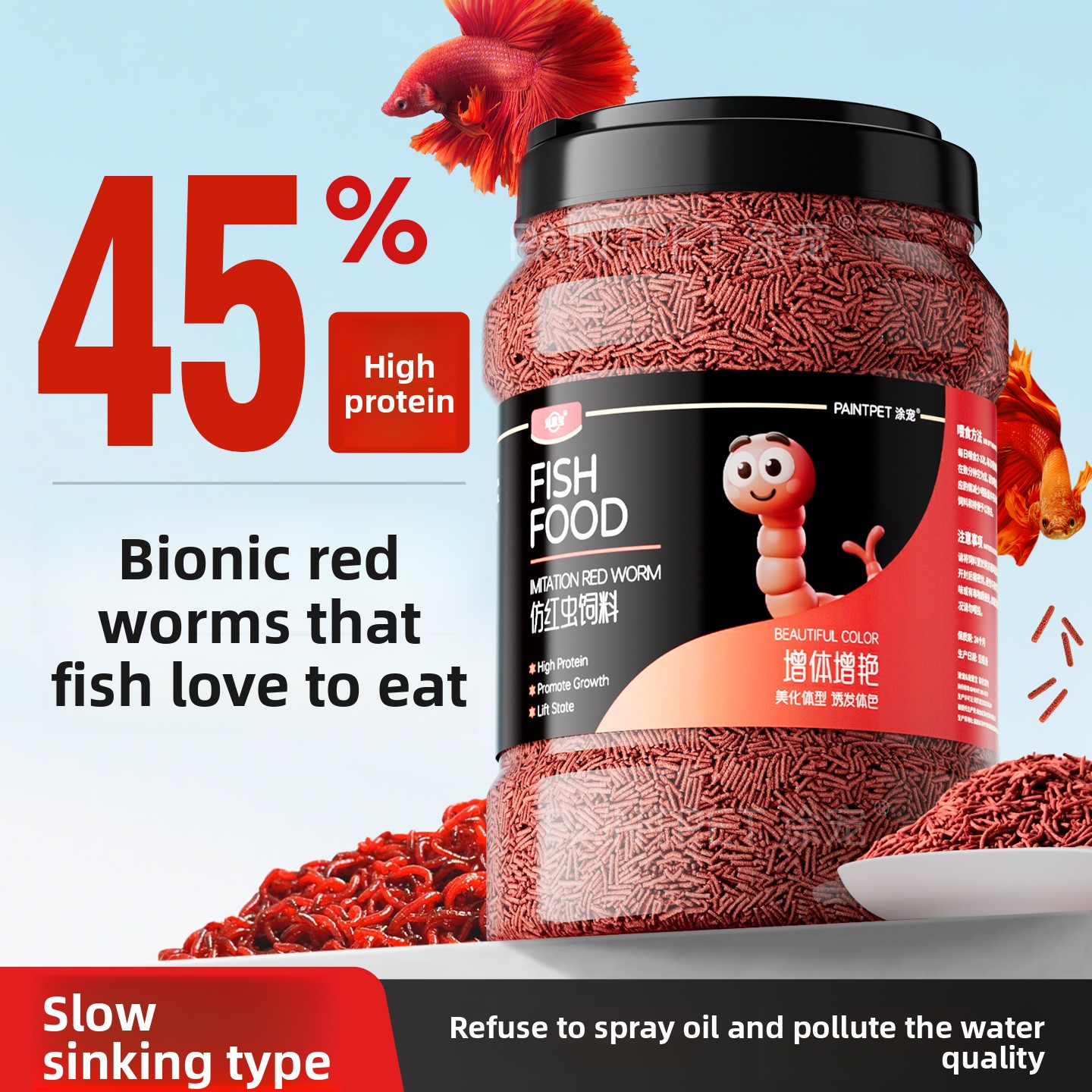 Fish Food Flake - PAINTPET Bio-Mimetisches Blutwurm-Fischfutter, Langsam Sinkende Protein-Pellets